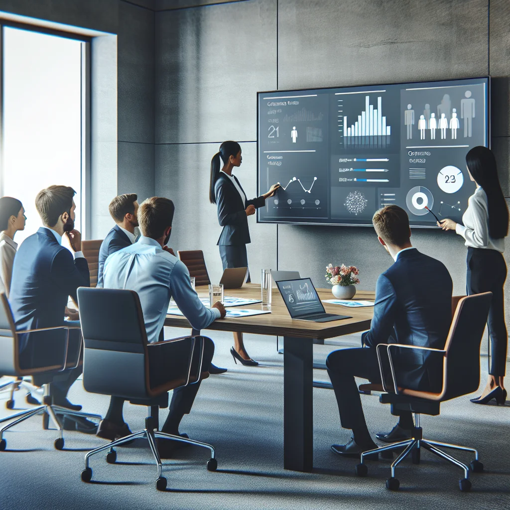 A professional team working on business insights solutions in a modern office environment