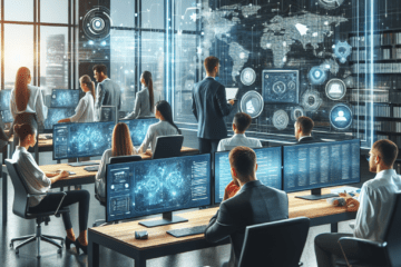 A professional team working on automated SMS and email appointment reminders solutions in a modern office environment with na