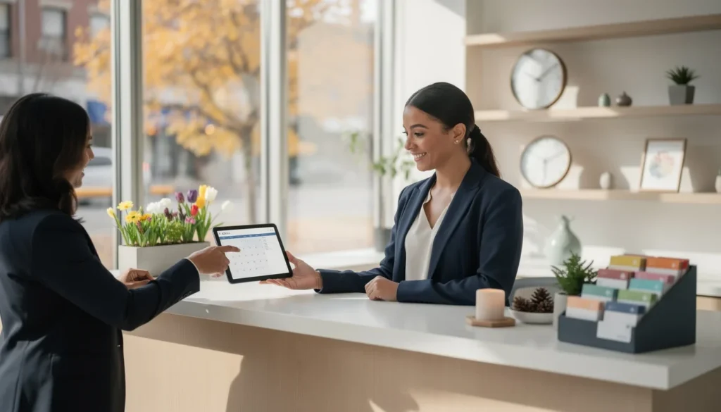 A professional team working on seasonal appointment scheduling for small business solutions in a modern office environment