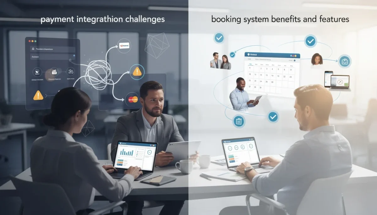 An illustrated diagram showing the key benefits of payment integration challenges booking systems strategies