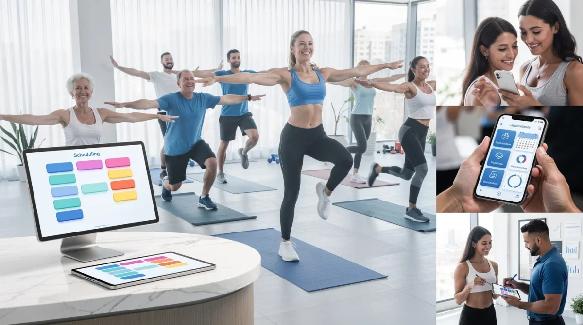 An illustrated diagram showing the key benefits of group class scheduling benefits for fitness studios strategies