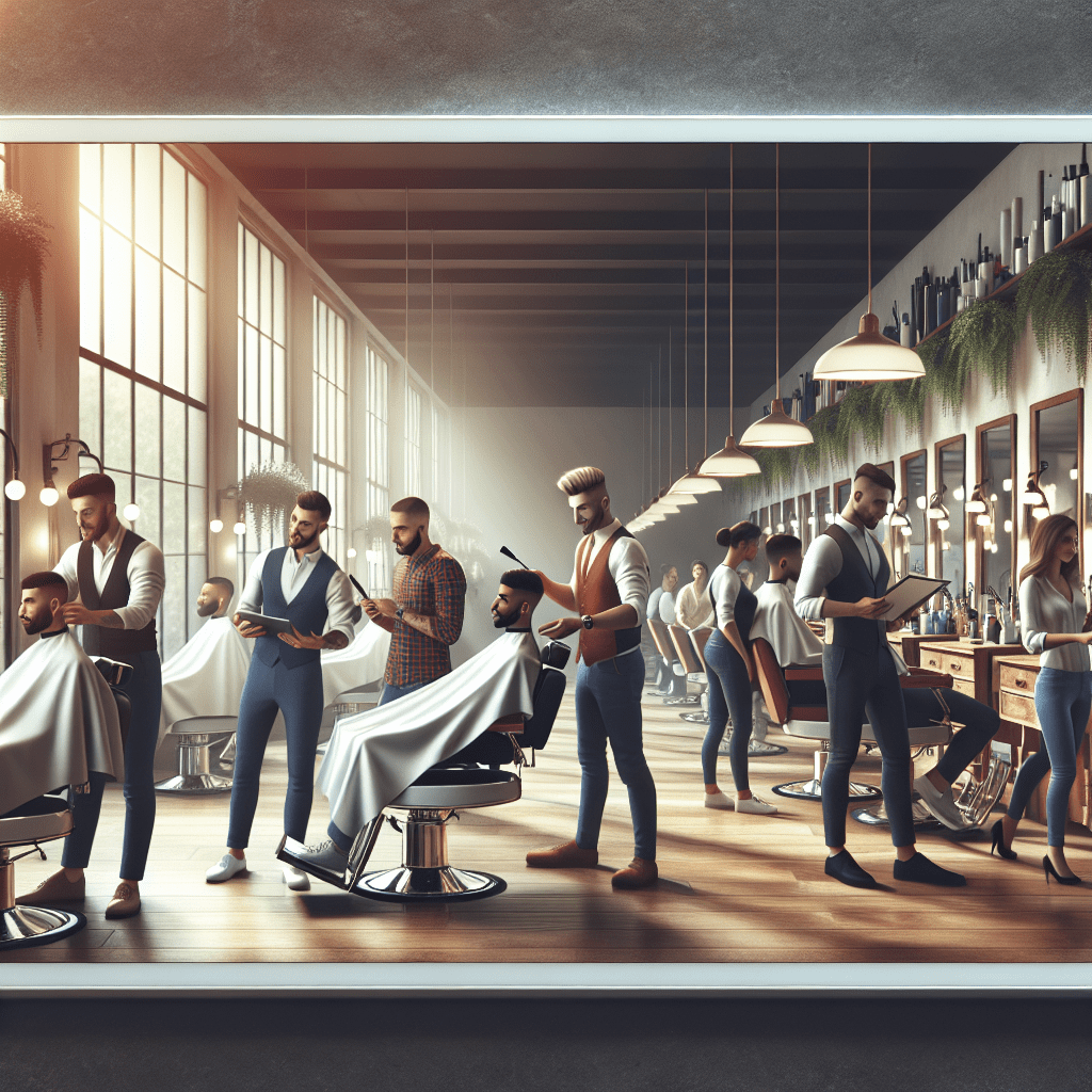 A professional team working on appointment scheduling app for barbers and salons solutions in a modern office environment wit