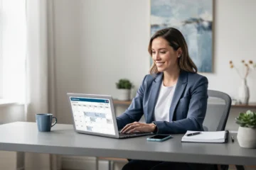 A professional team working on appointment scheduling for solo coaching businesses solutions in a modern office environment