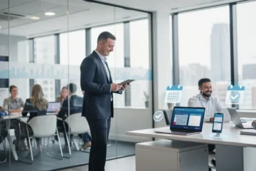 A professional team working on automated appointment reminders financial advisers solutions in a modern office environment