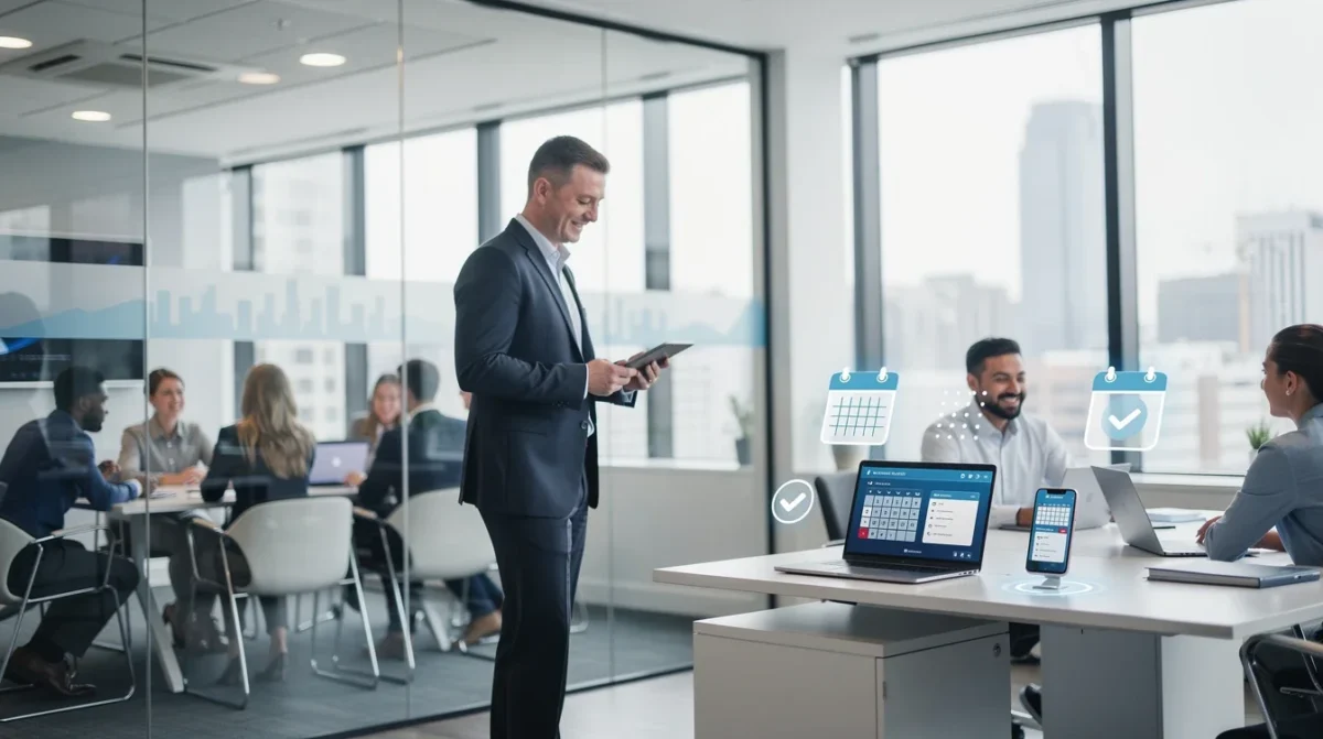 A professional team working on automated appointment reminders financial advisers solutions in a modern office environment
