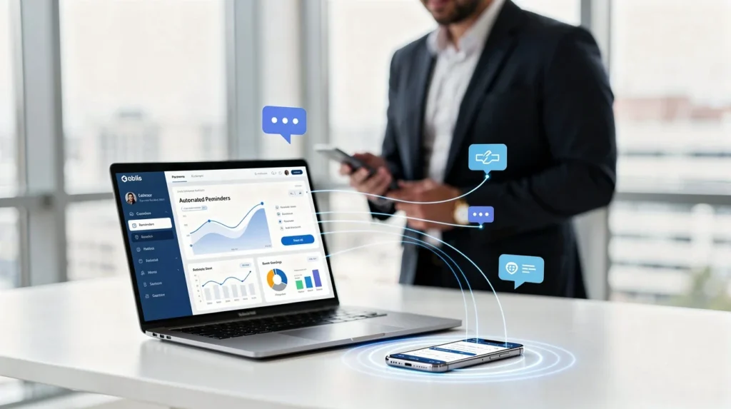 A professional team working on automated reminders with payment capture financial services solutions in a modern office environment