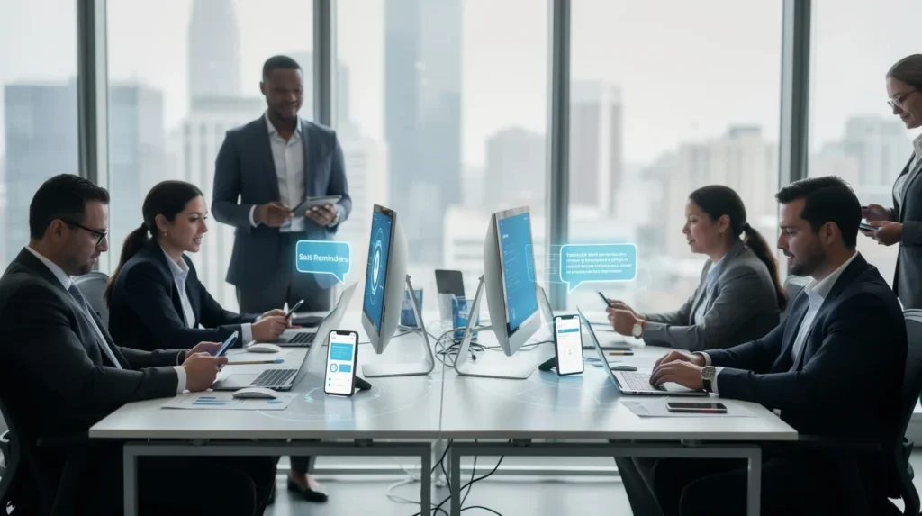A professional team working on automated sms reminders for sales productivity solutions in a modern office environment