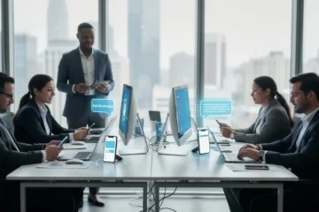 A professional team working on automated sms reminders for sales productivity solutions in a modern office environment