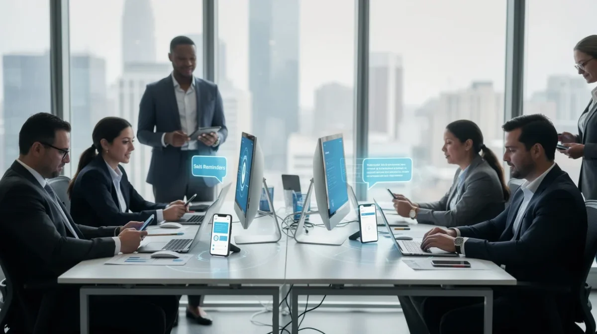 A professional team working on automated sms reminders for sales productivity solutions in a modern office environment
