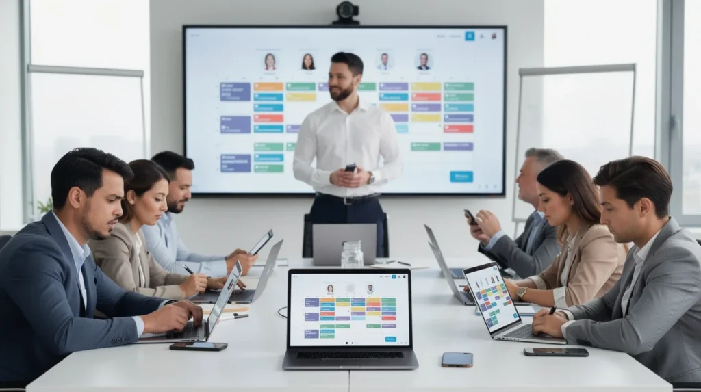 A professional team working on challenges of round robin appointment scheduling solutions in a modern office environment
