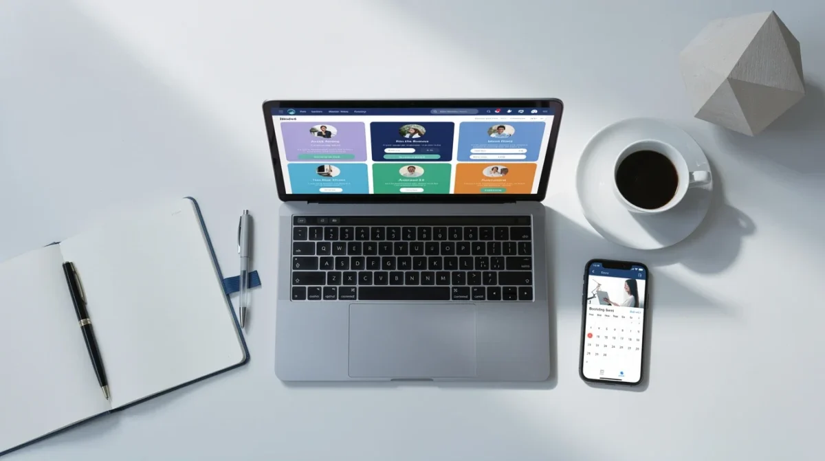 A professional team working on customized booking pages for coaching clients solutions in a modern office environment