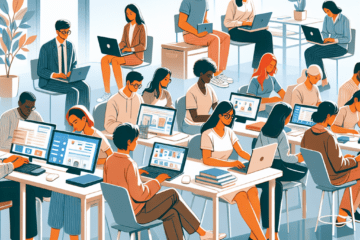A professional team working on online appointment scheduling for education and tutoring solutions in a modern office environm