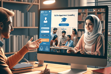 A professional team working on online appointment scheduling for education and tutoring solutions in a modern office environm