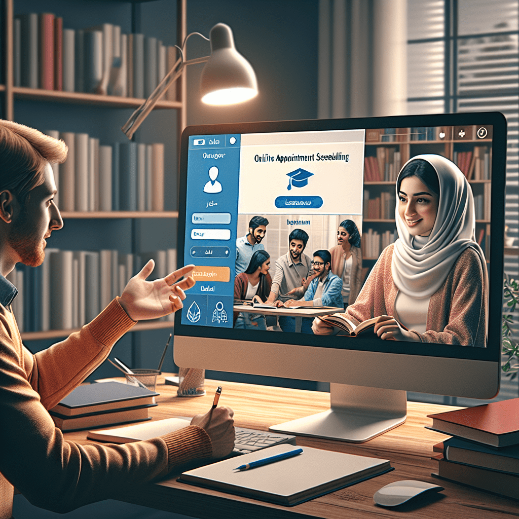 A professional team working on online appointment scheduling for education and tutoring solutions in a modern office environm