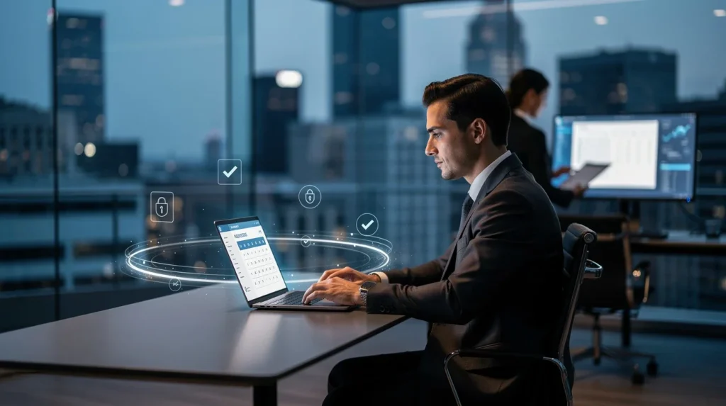 A professional team working on secure online appointment system for legal firms solutions in a modern office environment