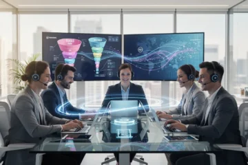 A professional team working on skill based lead routing sales team case study solutions in a modern office environment