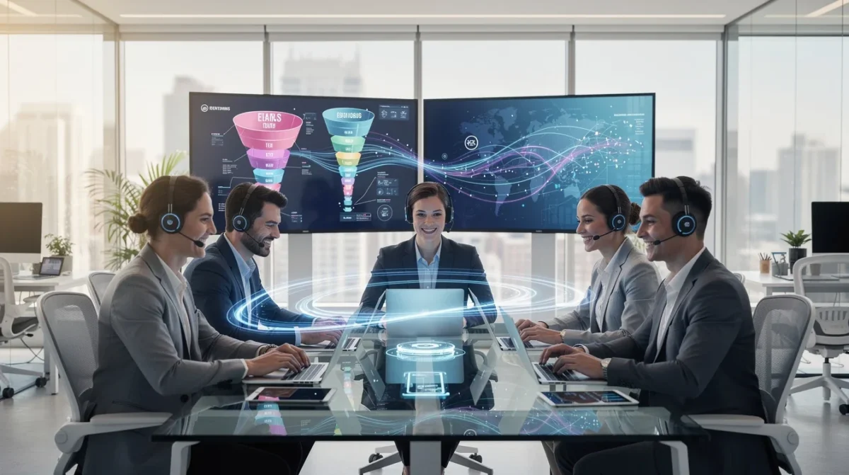 A professional team working on skill based lead routing sales team case study solutions in a modern office environment