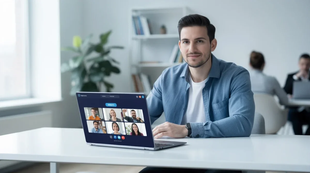 A professional team working on video call integration for online booking systems solutions in a modern office environment