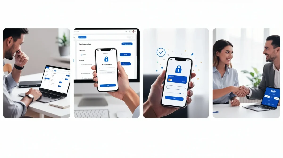 A step-by-step visual process guide demonstrating how payment integration best practices appointment booking works