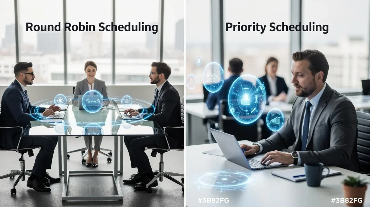 An illustrated diagram showing the key benefits of round robin vs priority scheduling comparison strategies