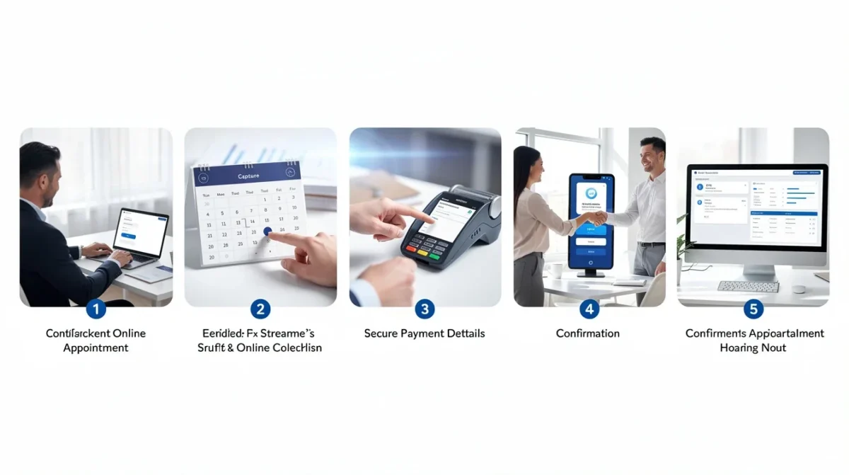 A step-by-step visual process guide demonstrating how streamline payment capture appointment booking checklist works