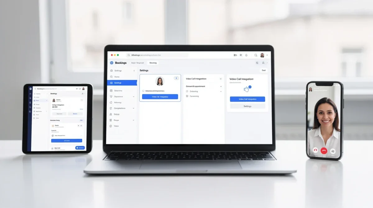 A step-by-step visual process guide demonstrating how video call integration for online booking systems works