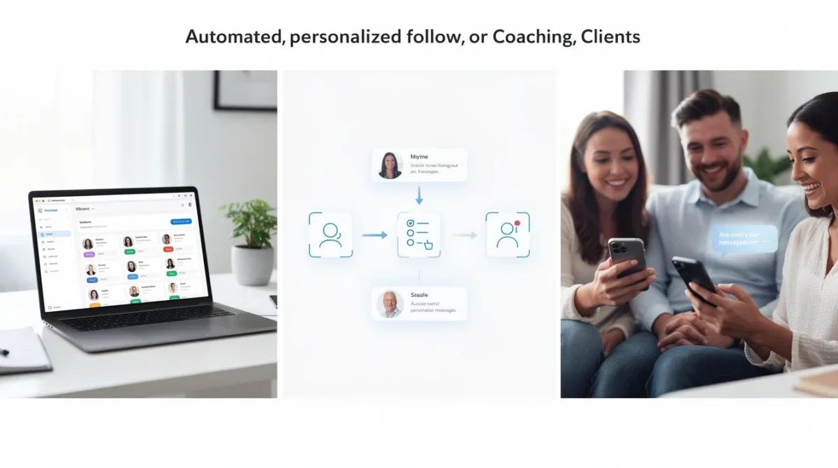 A step-by-step visual process guide demonstrating how automated personalized follow-ups for coaching clients works