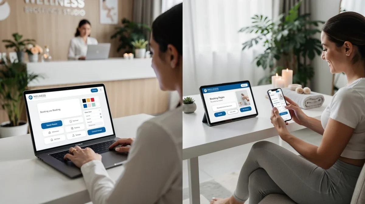 A step-by-step visual process guide demonstrating how customized booking pages for wellness studios works