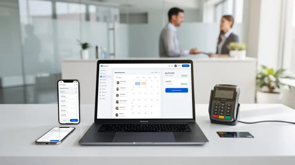 A professional team working on appointment software integrated payment gateways solutions in a modern office environment
