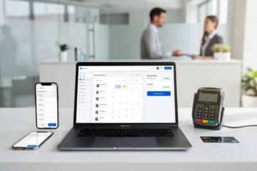 A professional team working on appointment software integrated payment gateways solutions in a modern office environment