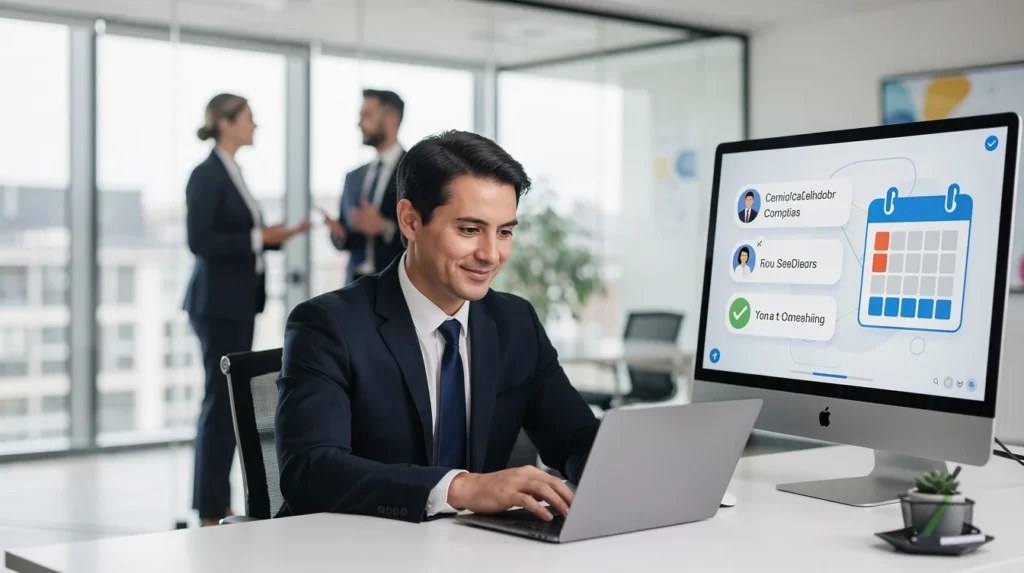A professional team working on automated appointment confirmations for financial advisors solutions in a modern office environment
