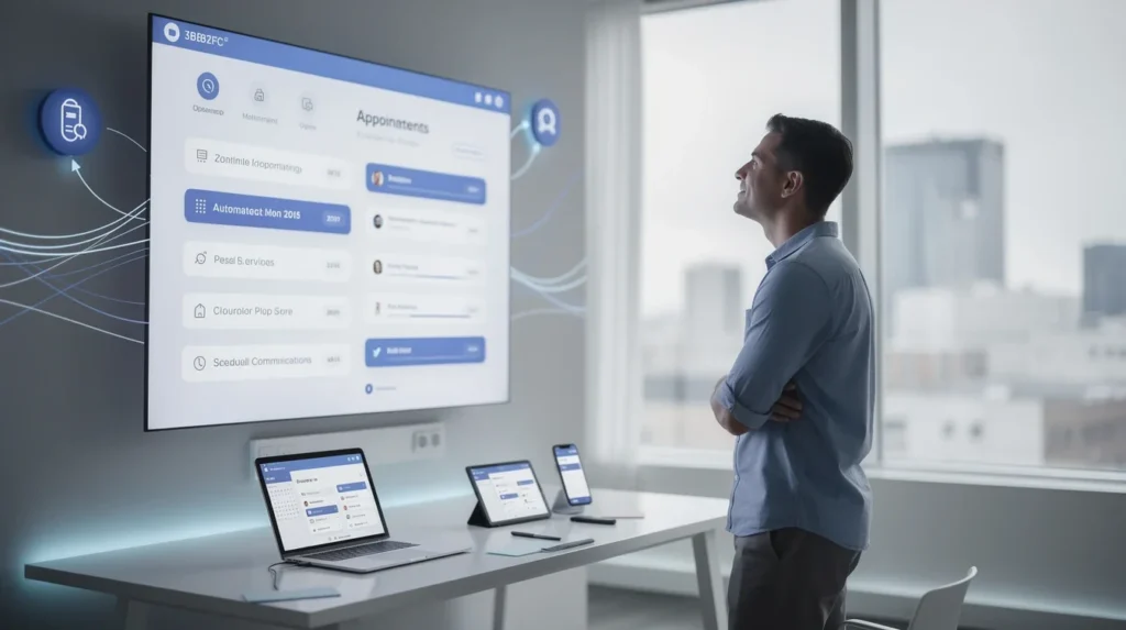 A professional team working on automated follow-up strategies for small business appointments solutions in a modern office environment