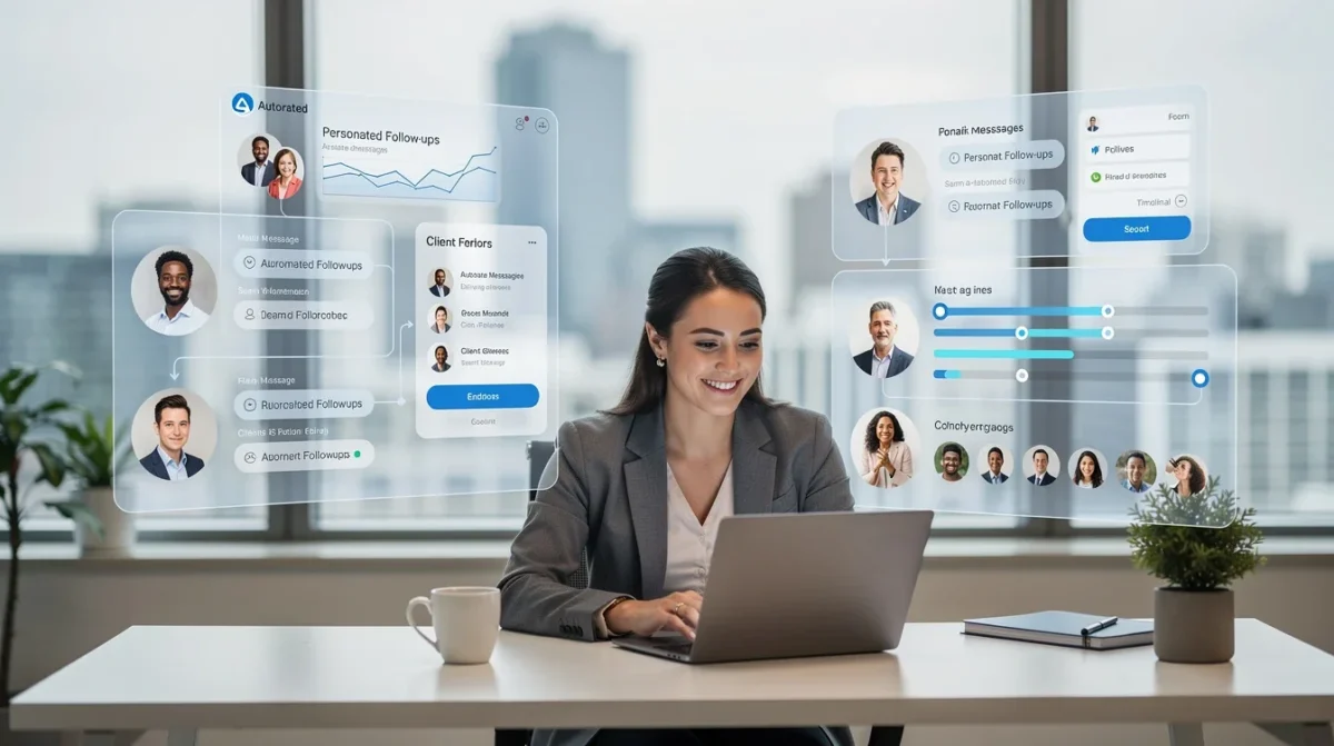 A professional team working on automated personalized follow-ups for coaching clients solutions in a modern office environment