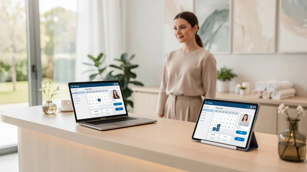 A professional team working on customized booking pages for wellness studios solutions in a modern office environment