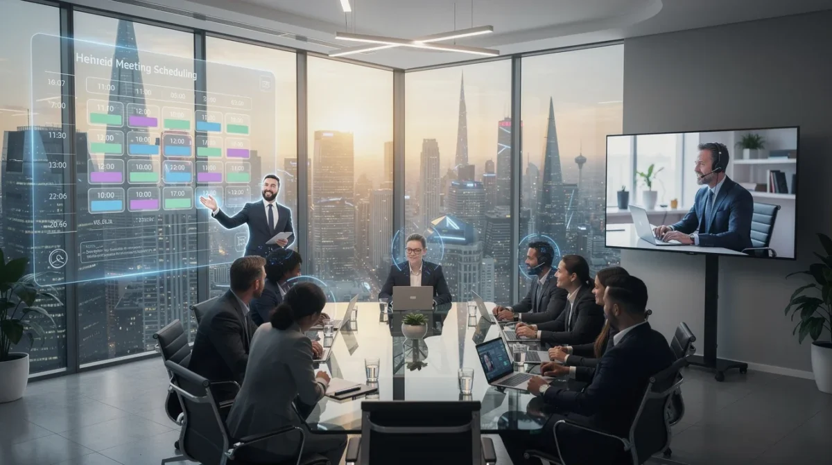 A professional team working on hybrid meeting scheduling for sales teams 2026 solutions in a modern office environment