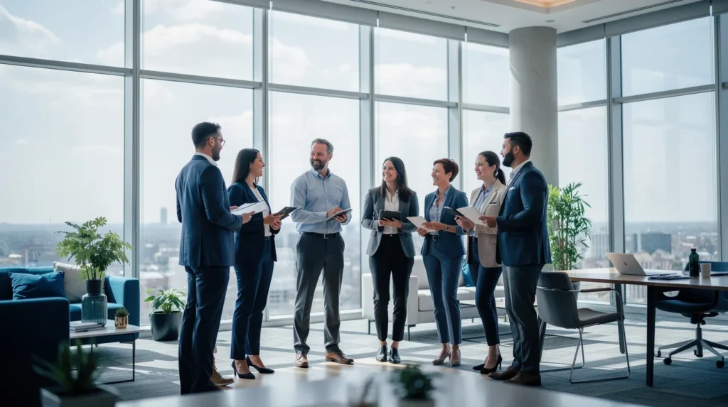 A professional team working on multi platform calendar sync for team scheduling solutions in a modern office environment