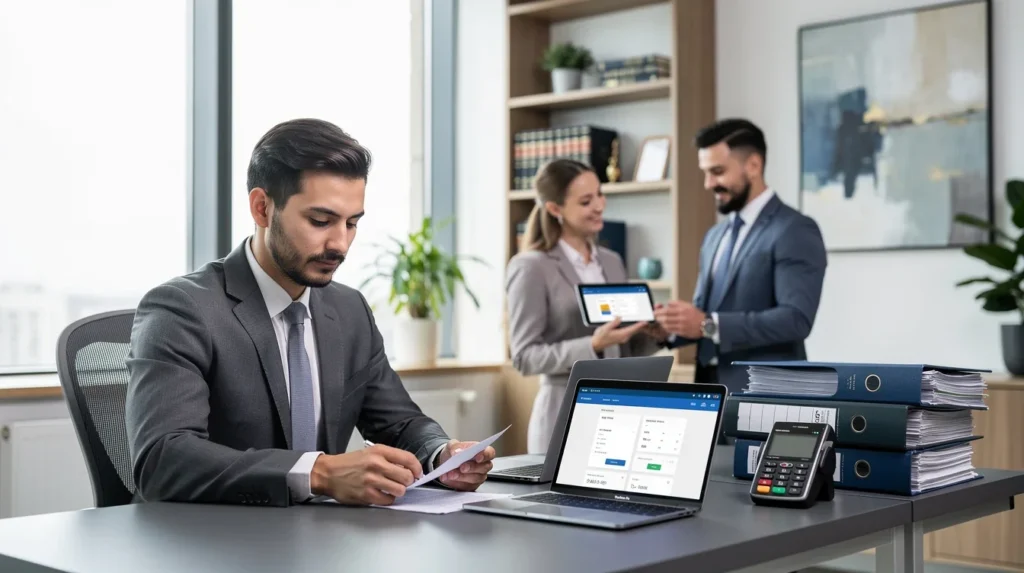 A professional team working on payment capture integration for small legal firms solutions in a modern office environment
