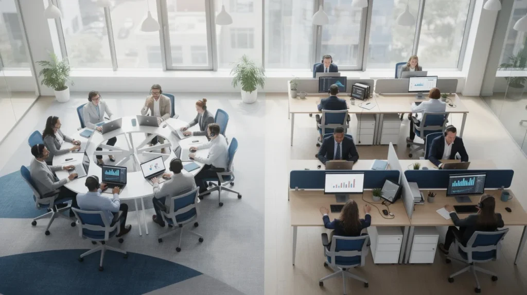 A professional team working on round robin vs priority scheduling for sales teams solutions in a modern office environment