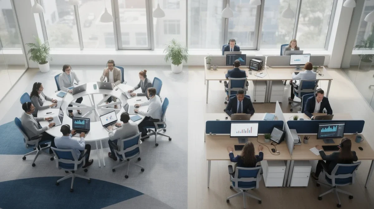 A professional team working on round robin vs priority scheduling for sales teams solutions in a modern office environment