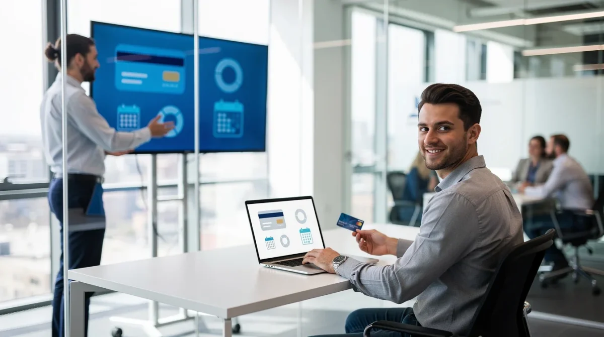 A professional team working on secure credit card capture appointment software solutions in a modern office environment
