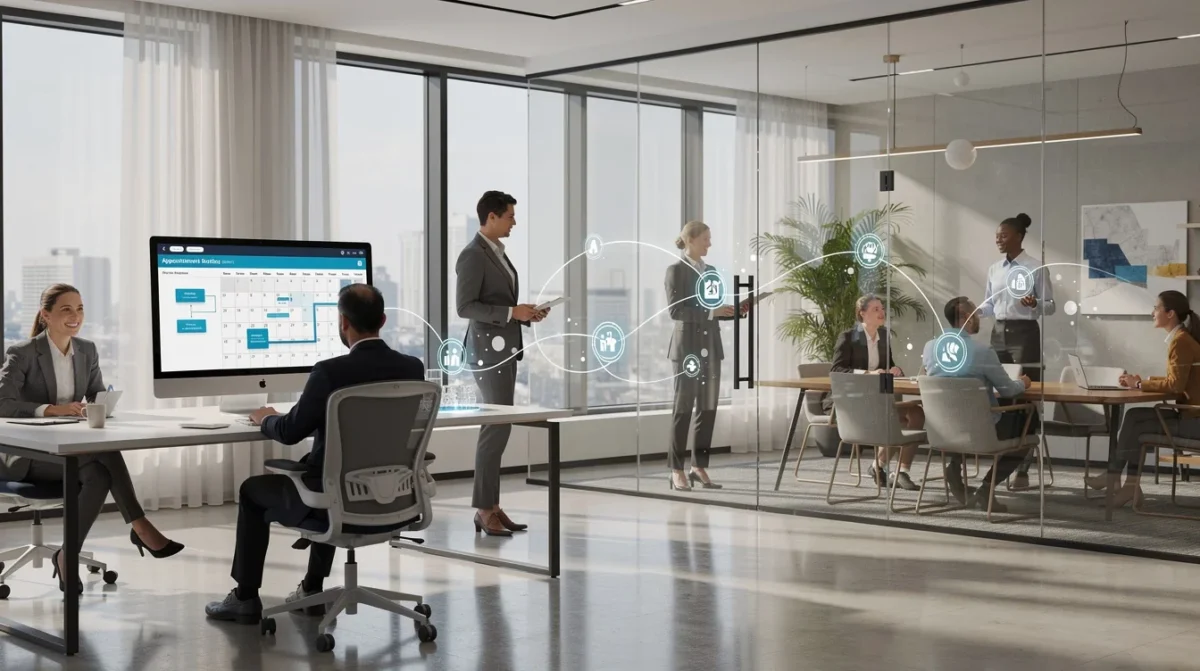 A professional team working on smart appointment routing benefits real estate solutions in a modern office environment