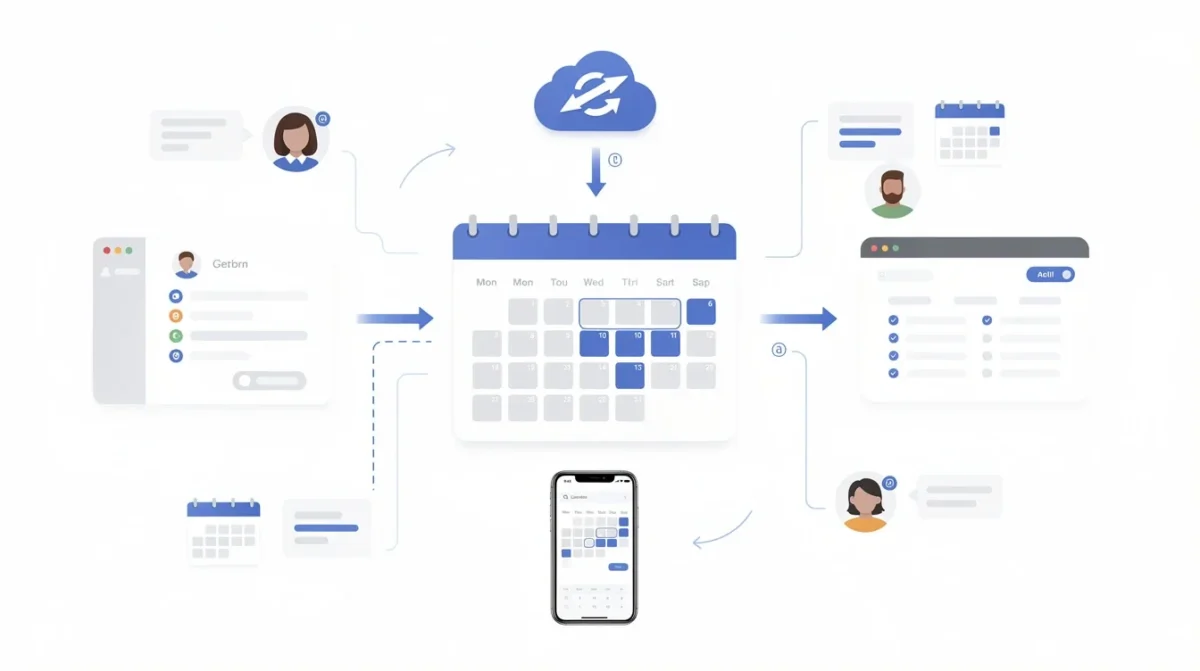 A step-by-step visual process guide demonstrating how multi platform calendar sync for team scheduling works