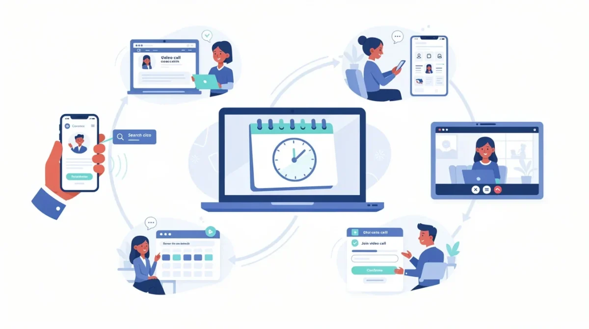 A step-by-step visual process guide demonstrating how multi platform video call appointment booking for coaches works