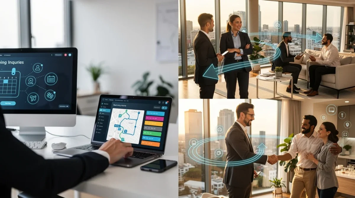 A step-by-step visual process guide demonstrating how smart appointment routing benefits real estate works