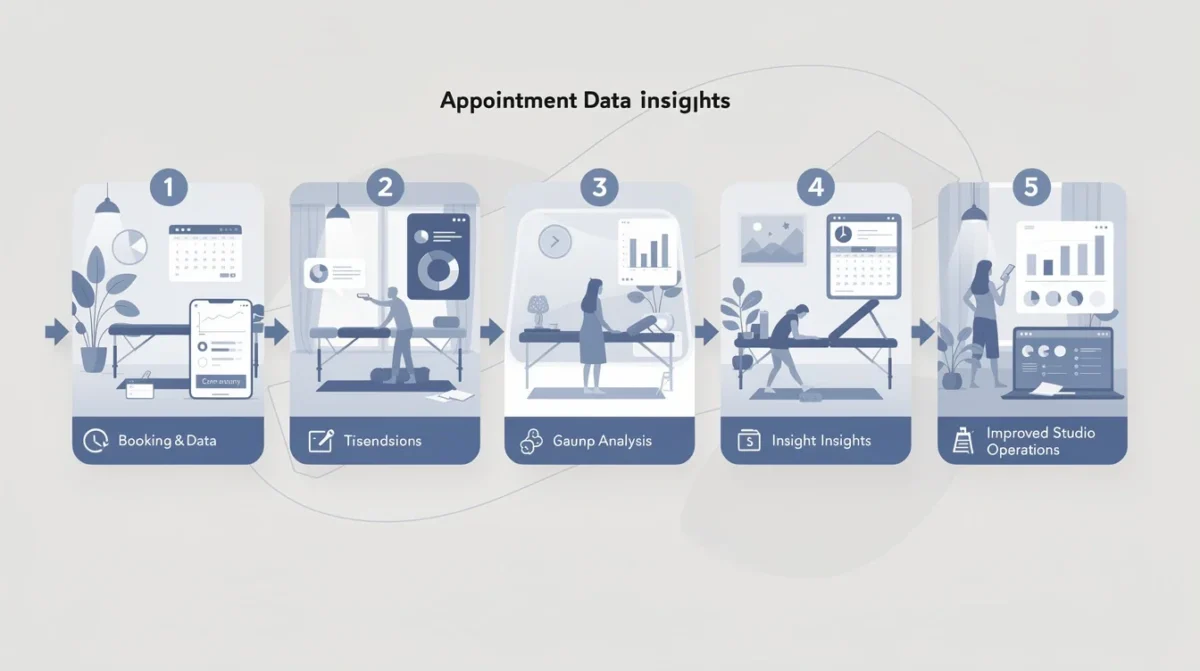A step-by-step visual process guide demonstrating how appointment data insights for wellness studios works
