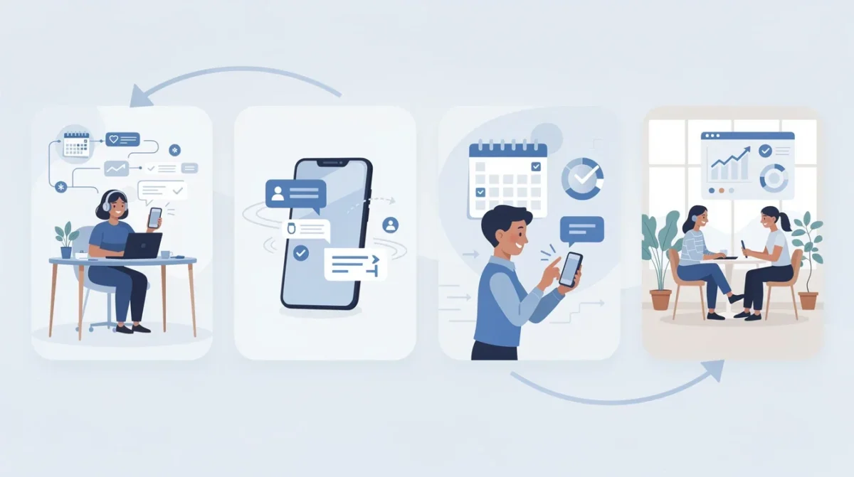 A step-by-step visual process guide demonstrating how automated sms no-show reduction for wellness coaches works