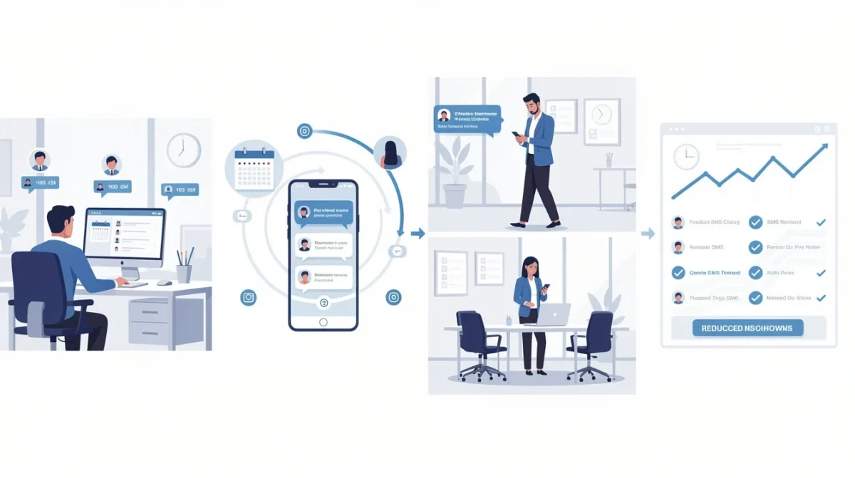 A step-by-step visual process guide demonstrating how automated sms reminders for recruiter no-shows works