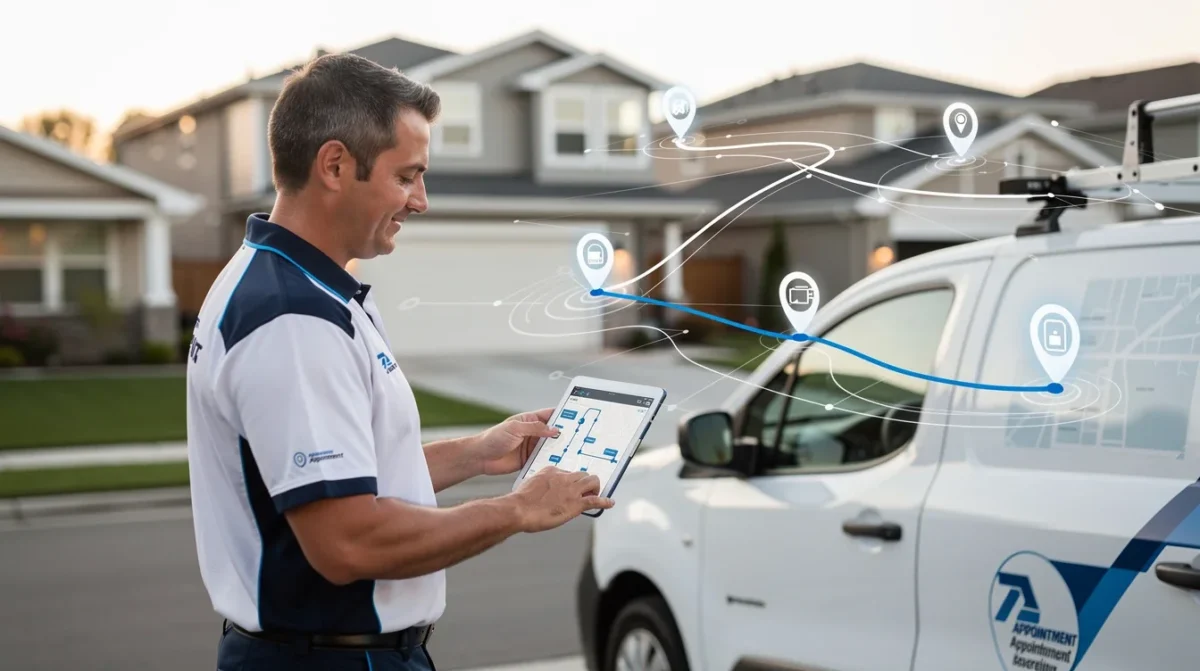 An illustrated diagram showing the key benefits of dynamic appointment routing for home service businesses strategies