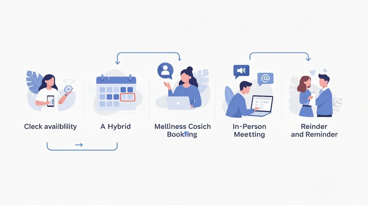 A step-by-step visual process guide demonstrating how hybrid appointment scheduling for wellness coaches works