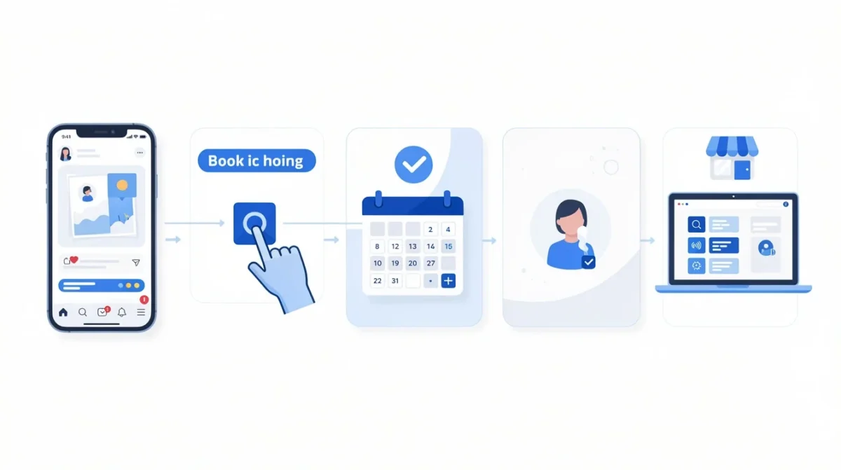 A step-by-step visual process guide demonstrating how social media linked appointment booking for small business works